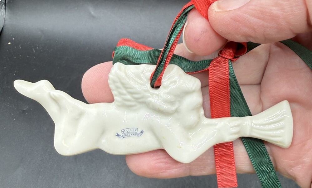 Rare Belleek Christmas Ornament Flying Angel With Horn Ceramic -LO29